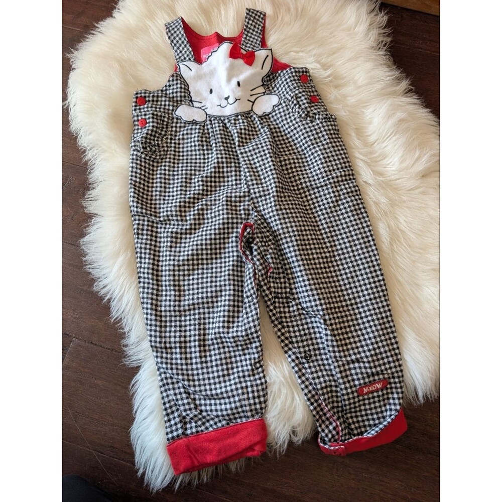 Vintage 90s 1990s Girls Jumper Overalls Cat Black White Check Plaid Ruffle 2T